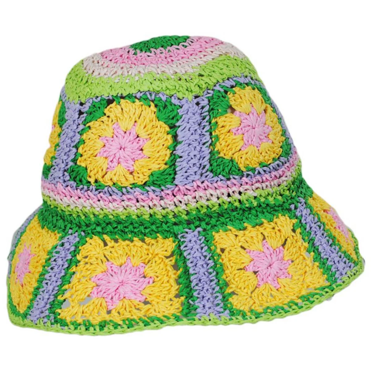 Fergie Granny Square Hand Crochet Toyo Straw Bucket Hat - Image 11