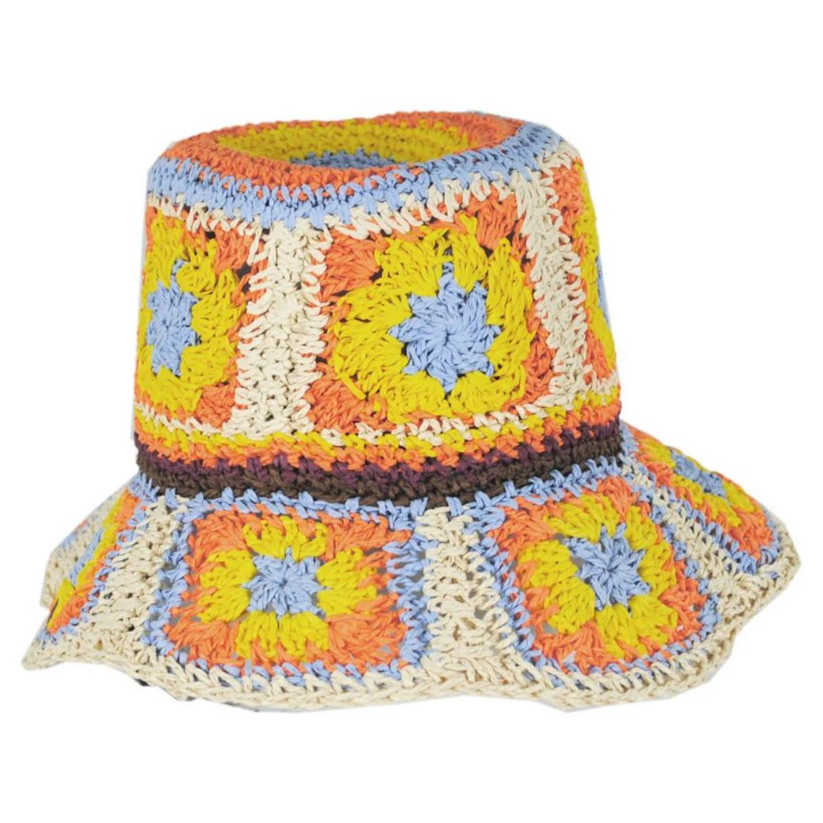 Fergie Granny Square Hand Crochet Toyo Straw Bucket Hat - Image 2