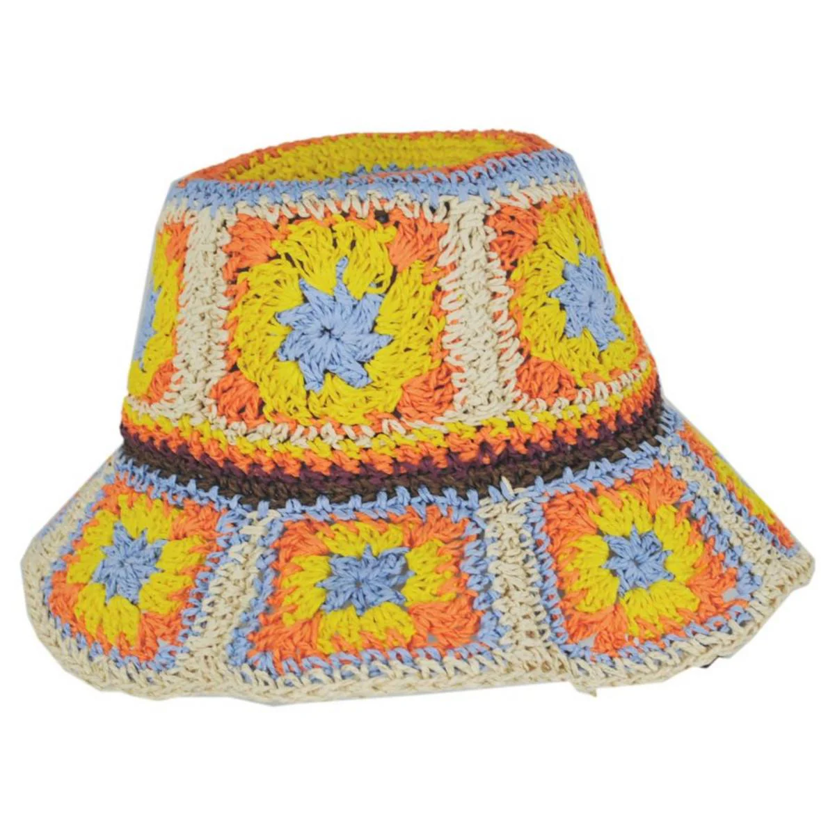 Fergie Granny Square Hand Crochet Toyo Straw Bucket Hat - Image 3