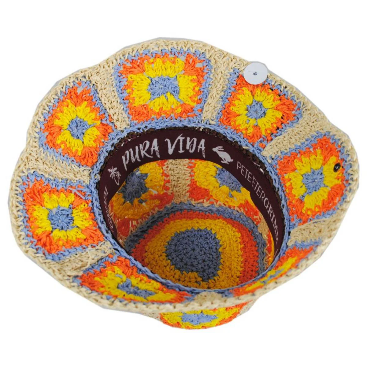Fergie Granny Square Hand Crochet Toyo Straw Bucket Hat - Image 4