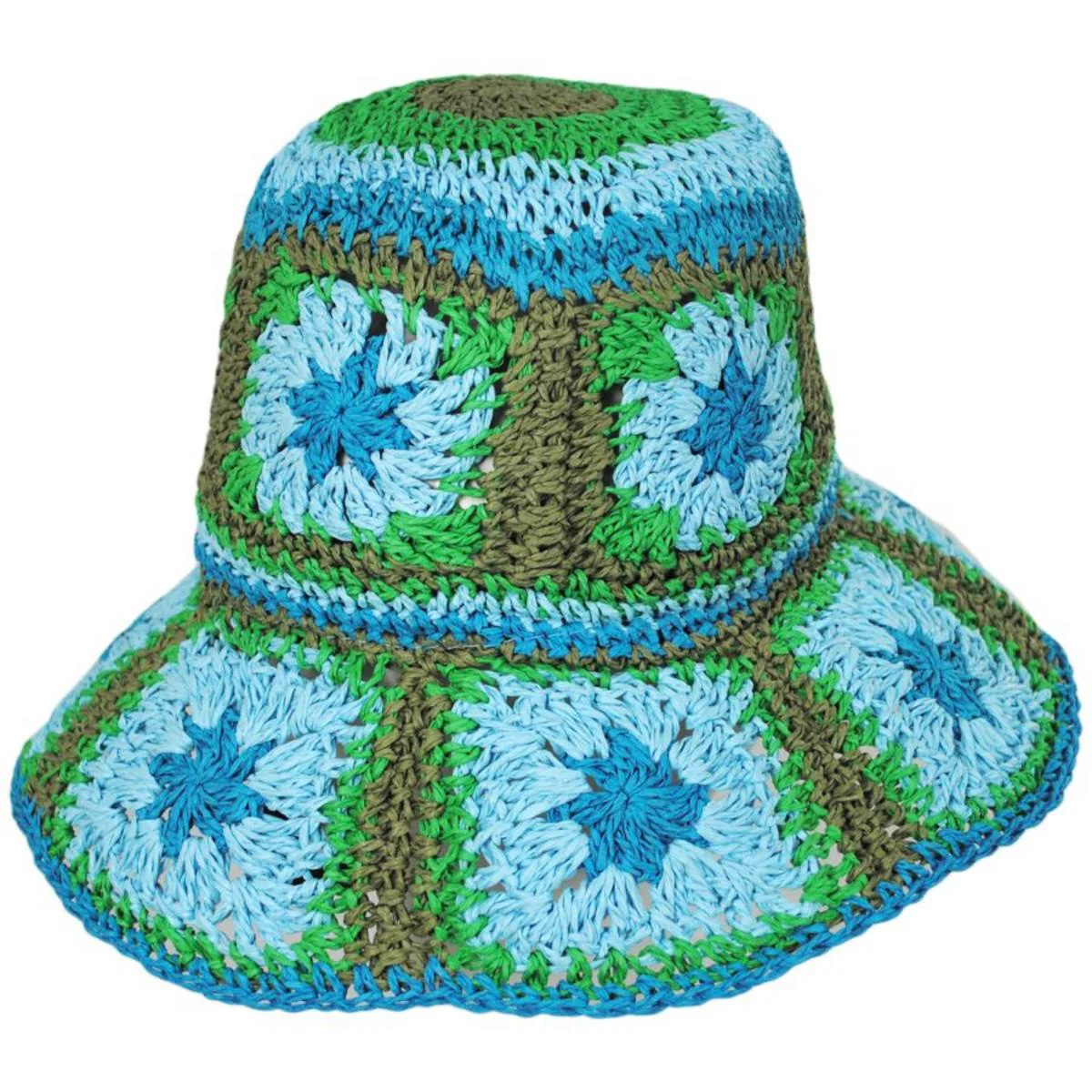 Fergie Granny Square Hand Crochet Toyo Straw Bucket Hat - Image 5