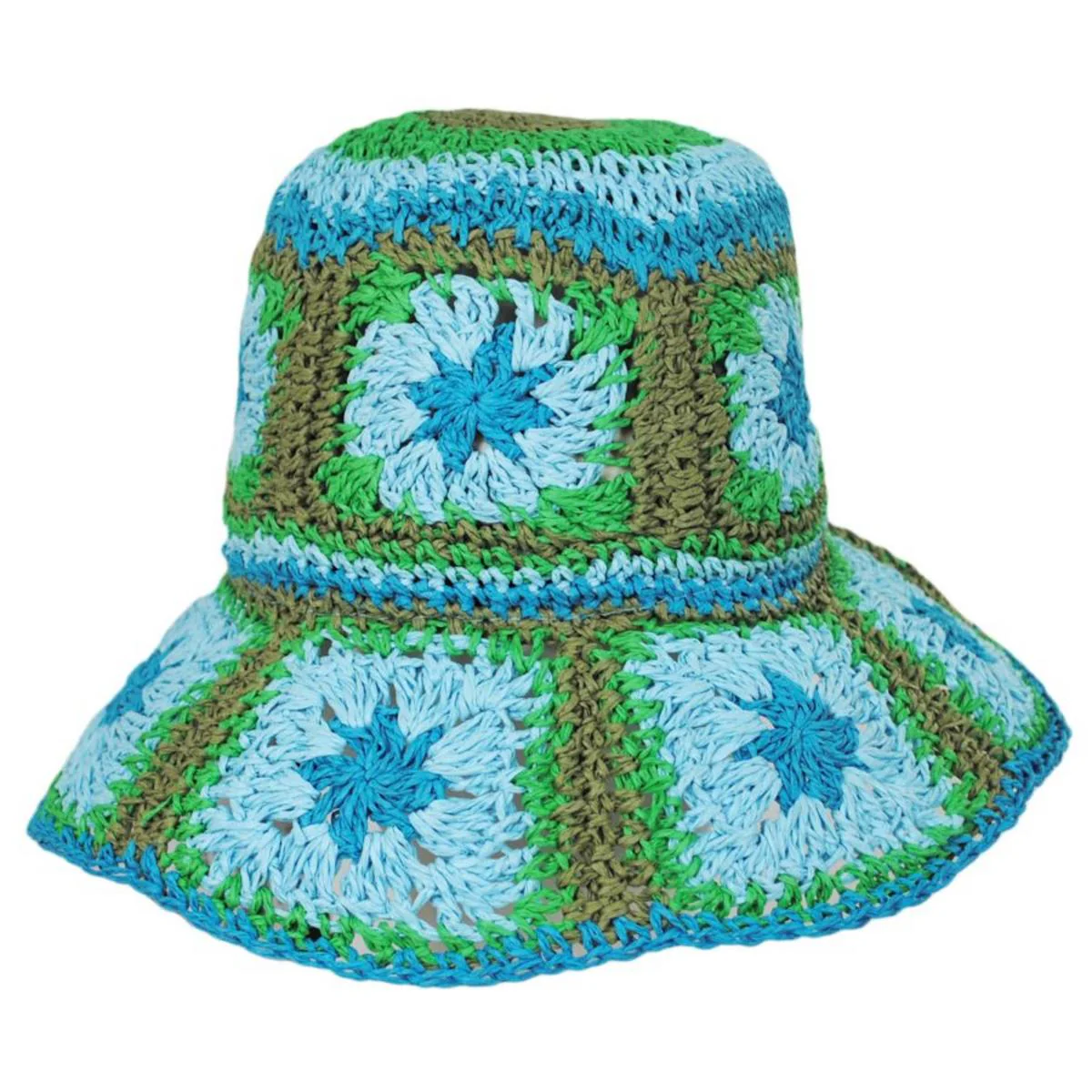 Fergie Granny Square Hand Crochet Toyo Straw Bucket Hat - Image 6