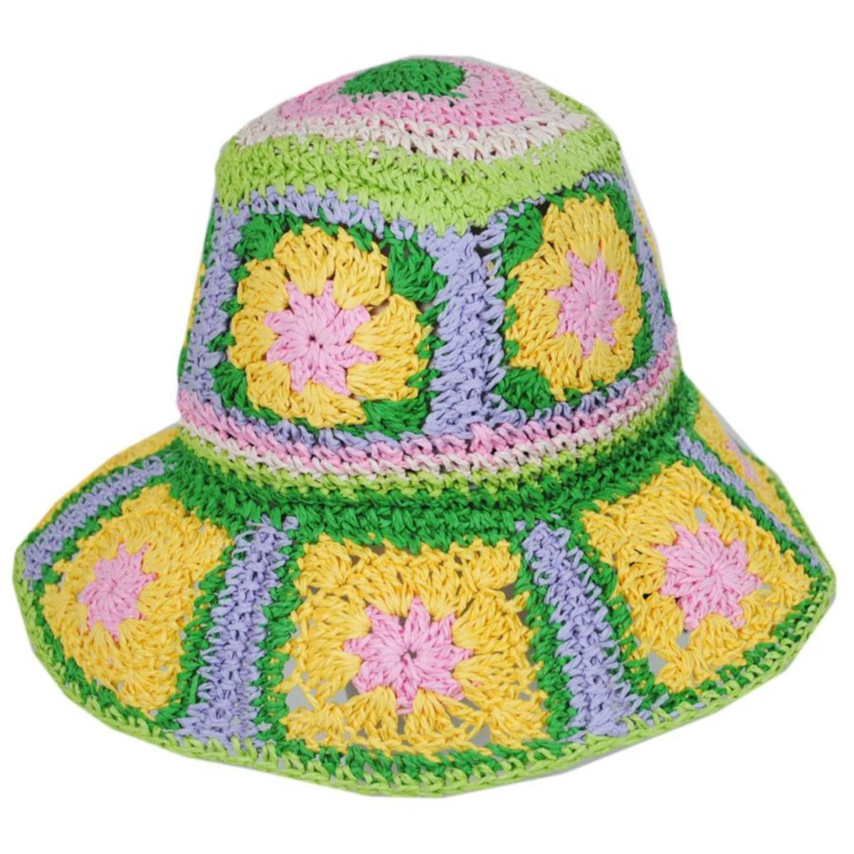 Fergie Granny Square Hand Crochet Toyo Straw Bucket Hat - Image 9