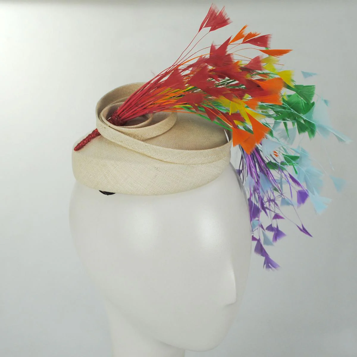 Rainbow Feathers Parasisal Straw Pillbox Hat - Image 3