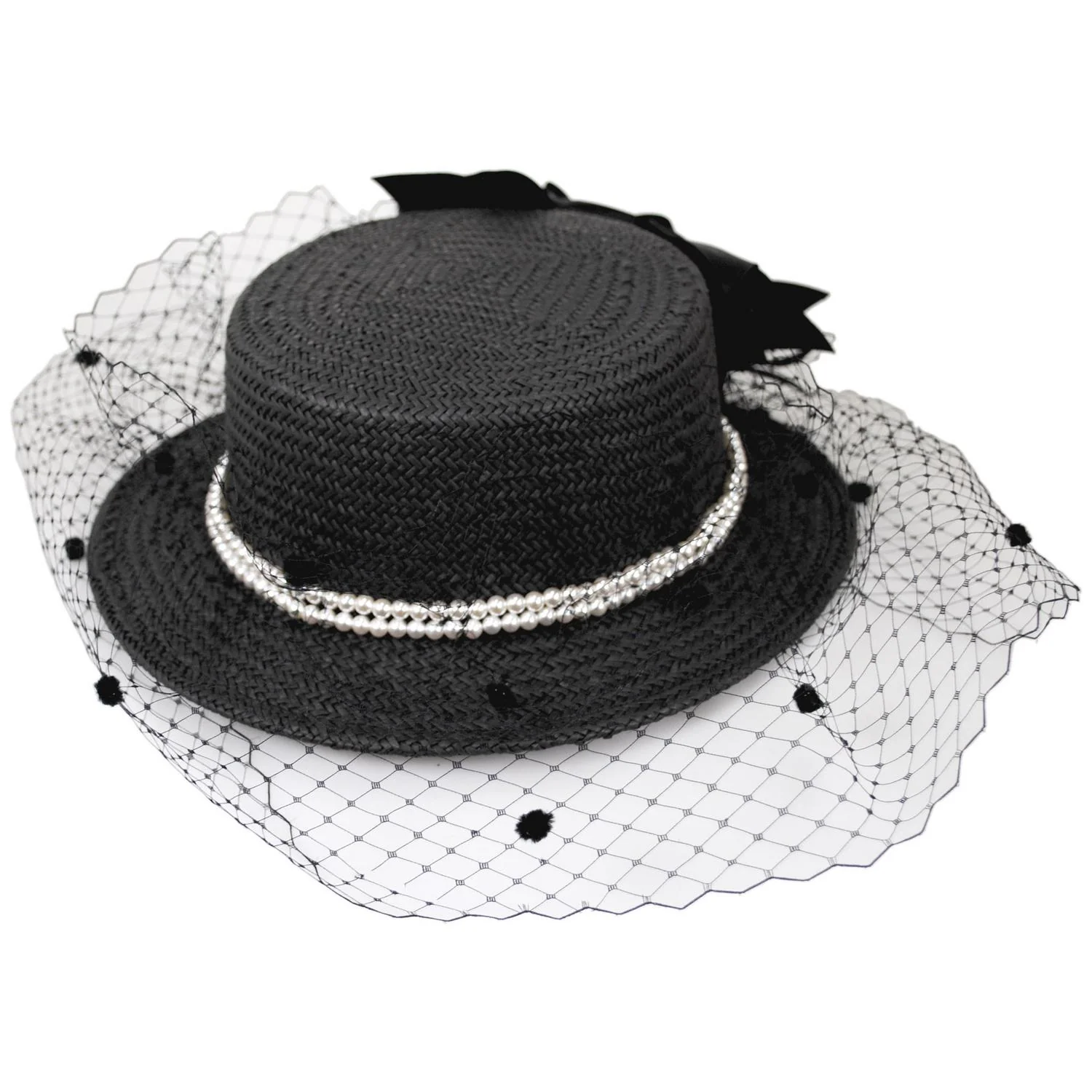 Toyo Straw Black Boater Hat with Veil