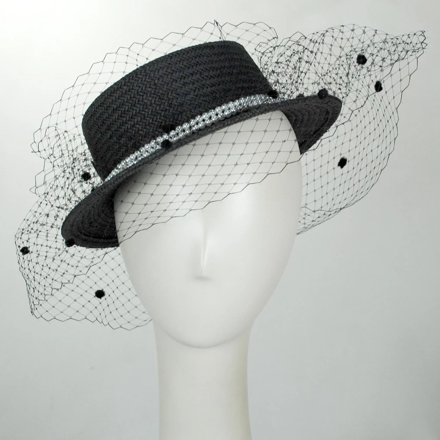 Toyo Straw Black Boater Hat with Veil - Image 2