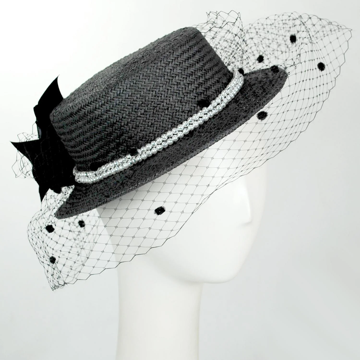 Toyo Straw Black Boater Hat with Veil - Image 3